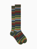 Men's green wool knee-high socks with Multicolor stripes