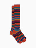Men's long wool socks in orange with Multicolor stripes