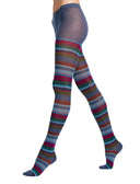 Women's blue wool tights with Multicolor stripes