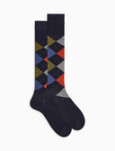 Lange Herrensocken aus Wolle, blau, mit Intarsienmuster