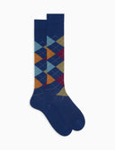 Calcetines largos de hombre de lana azul con motivo intarsia