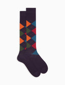 Lange Herrensocken aus Wolle in Violett mit Intarsienmuster