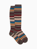 Women's long beige wool socks, multicolor stripes