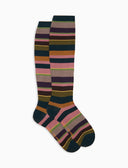 Women's long wool socks in green with Multicolor stripes