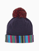Einfarbige blaue Kindermütze mit Multicolor-Pompon