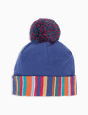 Einfarbige hellblaue Kindermütze mit Multicolor-Pompon
