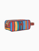 Classic unisex light blue beauty case with multicoloured stripes