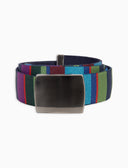 Elastic blue unisex ribbon belt with multicoloured stripes