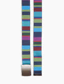Elastic blue unisex ribbon belt with multicoloured stripes