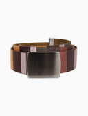 Elastic grey unisex ribbon belt with multicoloured stripes