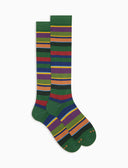 Men's long green light cotton socks with multicoloured stripes