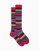 Men's long red light cotton socks with multicoloured stripes