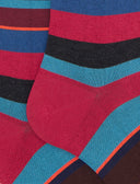 Men's long red light cotton socks with multicoloured stripes