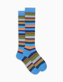 Men's long light blue light cotton socks with multicoloured stripes