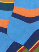 Men's long light blue light cotton socks with multicoloured stripes