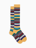 Men's long yellow light cotton socks with multicoloured stripes
