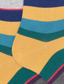 Men's long yellow light cotton socks with multicoloured stripes