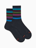 Men's short socks in blue warm cotton terry cloth with multicoloured stripes