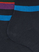Men's short socks in blue warm cotton terry cloth with multicoloured stripes