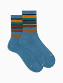 Men's short socks in light blue warm cotton terry cloth with multicoloured stripes