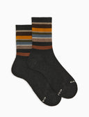 Men's short socks in grey warm cotton terry cloth with multicoloured stripes