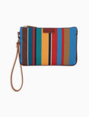 Contemporary light blue unisex pouch with multicoloured stripes