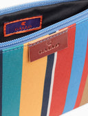 Contemporary light blue unisex pouch with multicoloured stripes