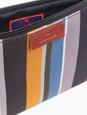 Contemporary grey unisex pouch with multicoloured stripes