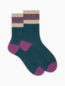 Calze corte donna cotone color pavone tinta unita a coste polso righe effetto scintillante