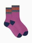 Women's short ribbed plain purple cotton socks with glitter-striped cuff