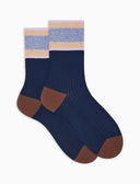 Women's short ribbed plain blue cotton socks with glitter-striped cuff