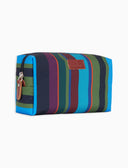 Unisex blue bowler pouch bag with multicoloured stripes