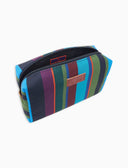 Unisex blue bowler pouch bag with multicoloured stripes
