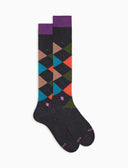 Men's long grey warm cotton socks with inlay motif