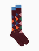 Lange Damensocken aus warmer Baumwolle, bordeauxrot, Intarsienmuster