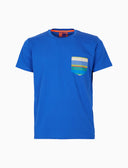 Herren-T-Shirt aus einfarbiger Baumwolle mit mehrfarbiger Brusttasche, blau