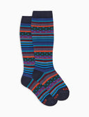Kids' long blue warm cotton socks with stripes and polka dots