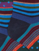 Kids' long blue warm cotton socks with stripes and polka dots
