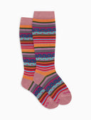 Kids' long pink warm cotton socks with stripes and polka dots