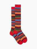 Women's long red warm cotton socks with stripes and polka dots