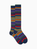 Calze lunghe donna cotone blu fantasia mix righe e pois - Gallo 1927 - Official Online Shop