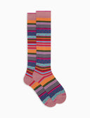 Women's long pink warm cotton socks with stripes and polka dots
