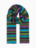Lightweight blue unisex scarf with multicoloured stripes