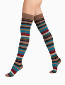 Women's beige warm cotton thigh-high socks with multicoloured stripes