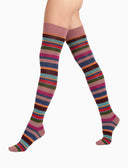 Women's pink warm cotton thigh-high socks with multicoloured stripes