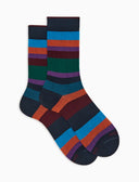 Women's short socks in warm cotton, blue, with seven-color stripes