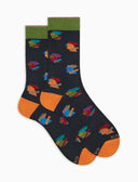 Calcetines cortos para hombre de algodón cálido azul con estampado multicolor de gallos