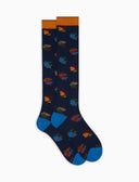 Calze lunghe donna cotone blu fantasia galli multicolore - Gallo 1927 - Official Online Shop