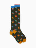 Calze lunghe donna cotone caldo verdi fantasia galli multicolore