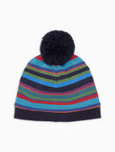 Kids' blue fleece beanie with multicoloured stripes